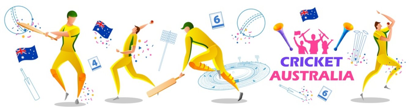 Illustration Of Player Batsman And Bowler Of Team Australia Playing Cricket Championship Sports