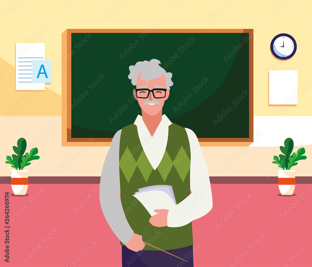 Poster teacher male with documents in the classroom