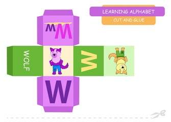 Сut and glue the cube: Letter W. Educational game for kids. Cute zoo alphabet a-z in vector for children. Letter W and funny cartoon wolf.       