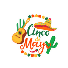 Cinco de Mayo banner. Hand drawn lettering. 5th of May. Festive mexican advertising poster. Sombrero, Guitarron, cactus, chili pepper.