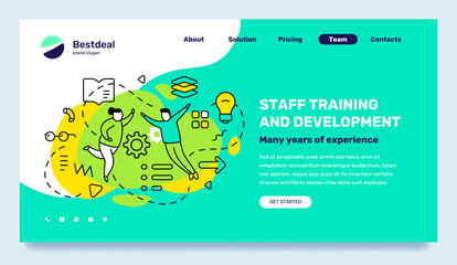 Vector business template with illustration of people with light bulb, book on green background. Staff training and development concept with text.
