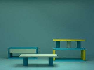 Minimal scene with podium and abstract background. Geometric shape. Blue and yellow colors scene. Minimal 3d rendering. Scene with geometrical forms and blue background. 3d render. 