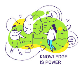 Vector business illustration of people with human brain, time and book icon on green background. Knowledge concept with man, woman, text.