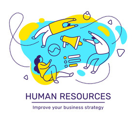 Vector business illustration of people with megaphone on blue background. Human resources concept with man, woman, text.