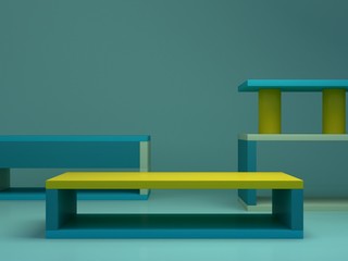 Minimal scene with podium and abstract background. Geometric shape. Blue and yellow colors scene. Minimal 3d rendering. Scene with geometrical forms and blue background. 3d render. 