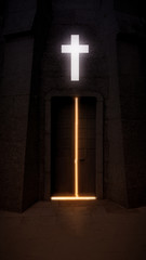 Naklejka premium Church with light cross and old glowing door