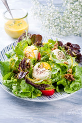 Traditional Germen summer lettuce with curled lettuce, goat cheese and mango dressing as closeup on a modern design plate on a well laid table