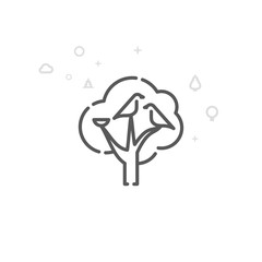 Bird Family with Nest on the Tree Vector Line Icon, Symbol, Pictogram, Sign. Geometric Background. Editable Stroke
