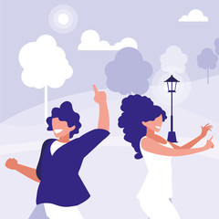 young couple dancing in the park characters