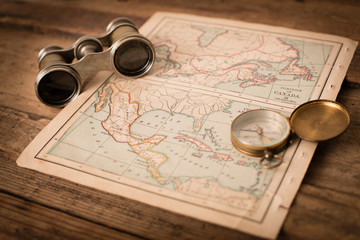 Binoculars and Compass on 1870 Map of Mexico, Central America and Canada – World Travel