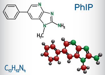 PhIP ( 2-amino-1-methyl-6-phenylimidazo(4,5-b)pyridine) molecule. Is one of the heterocyclic amines (HCAs) in cooked meat