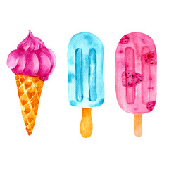 Watercolor ice cream on a white background. Ice lolly ice cream collection with fruits and waffle cone, illustration in vintage watercolor style. sweet summer dessert perfect for t-shirt design