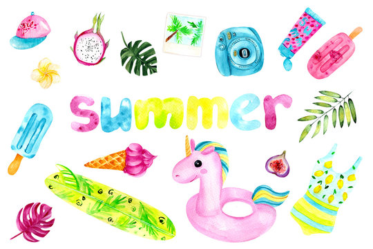 Bright watercolor summer seamless set. Summer pattern with a unicorn rubber ring, camera, swimsuit, baseball cap, monstera leaf. Fashionable pattern for the summer, bright colors.