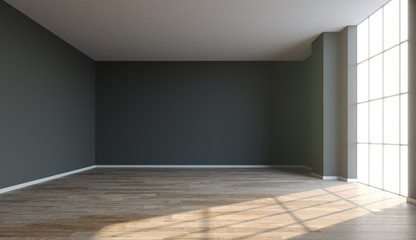 Interior background, room with a dark walls, sun light and wood floor, 3D illustration.