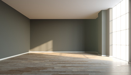 Interior background, room with a dark walls, sun light and wood floor, 3D illustration.