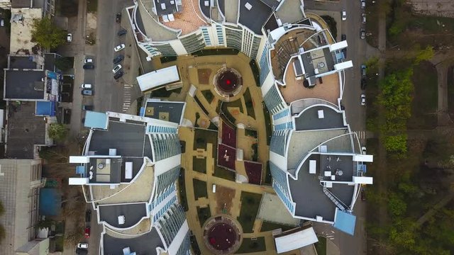 Kishinev city. April, 2019. Top view aerial futage of city with modern skyscrapers with contemporary design.