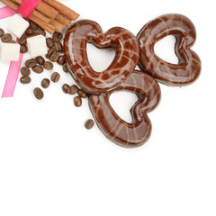 Beans coffee and biscuits isolated on white background. Free space for text.
