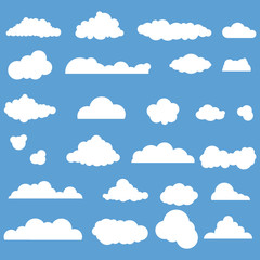 Set of cartoon clouds on blue. Vector