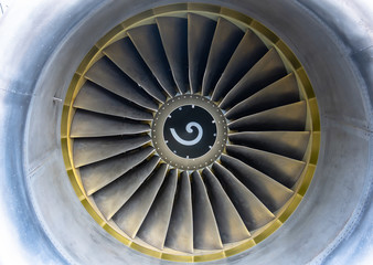 Airplane jet aviation engine blades view center.