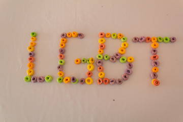 LGBT logo made of colorful rainbow cereal