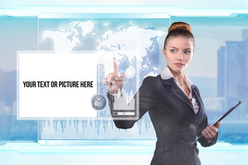 Young business lady works with virtual graphic interface in futuristic office