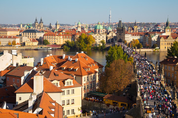 Prague - The of the city with the Charles bridge and the Old Town  in evening light.