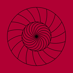 Twirling spin circle. Circular geometric pattern with moving effect of rotation. Optical symbol with stroked lines on color background.