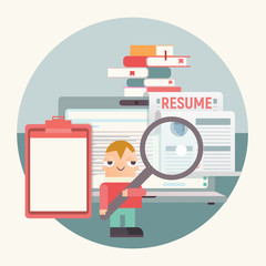 Hiring, Job Interview and Recruitment Concept. Cartoon HR Manager near Big Laptop and Resume Blank. Search New Employee. Vector Illustration. Job Interview Concept. Application and CV. Retro Design.