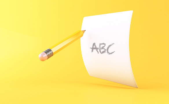 3d Yellow pencil with sheet of paper. Education