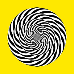 Twirling spin circle. Circular geometric pattern with moving effect of rotation. Black and white optical symbol with striped lines.