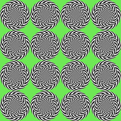 Optical illusion, moving effect of rotation. Seamless pattern with spin twiling circles. Op art background.