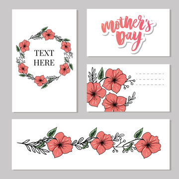 Happy Mother's Day elegant typography pink banner. Calligraphy text and heart in frame on red background for Mother's Day. Best mom ever vector illustration set