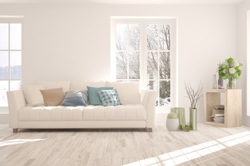 Stylish room in white color with sofa and winter landscape in window. Scandinavian interior design. 3D illustration