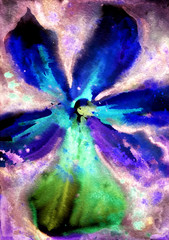 Bright orchid in an expressive manner with splashes and stains of paint, abstract painting, watercolor illustration, hand drawing.