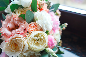 Beautiful wedding elegant bouquet . Bride's flowers indoor