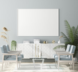 Mock up poster frame in home interior background, Scandinavian style, 3D render