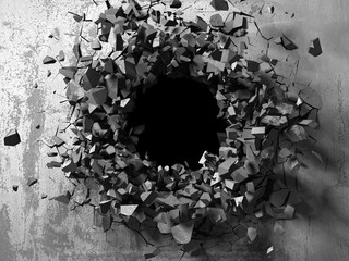 Dark cracked broken hole in concrete wall