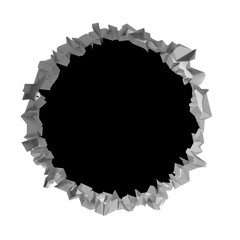 Dark destruction cracked hole in white stone wall