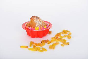 The cake with white sugar powder on it is in special form for cake cooking and raisins