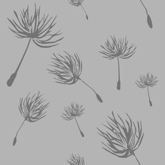 Vector seamless pattern of flying dandelion fluff on grey background