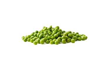 Green peas isolated on a white background. Vegetables with copy space for text. Studio photo. Isolated macro food photo close up from above on white background.