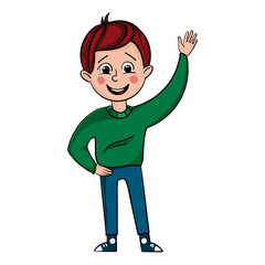 the young boy waves his hand. nice man on a white background.
