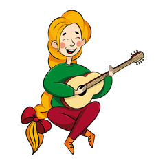 girl with a beautiful hairstyle plays the guitar, sings songs. White background