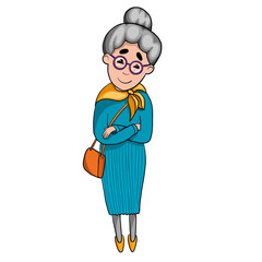 cute elderly woman. grandmother in a blue dress on a white background