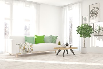 Obraz premium Stylish room in white color with sofa. Scandinavian interior design. 3D illustration