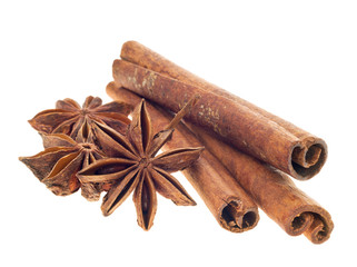 spices, star anise and cinnamon sticks, isolated white background