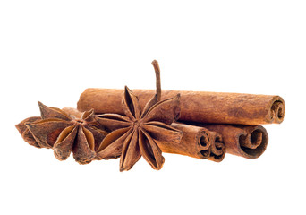 spices, star anise and cinnamon sticks, isolated white background