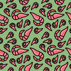 cute vector shrimp seamless pattern on green background