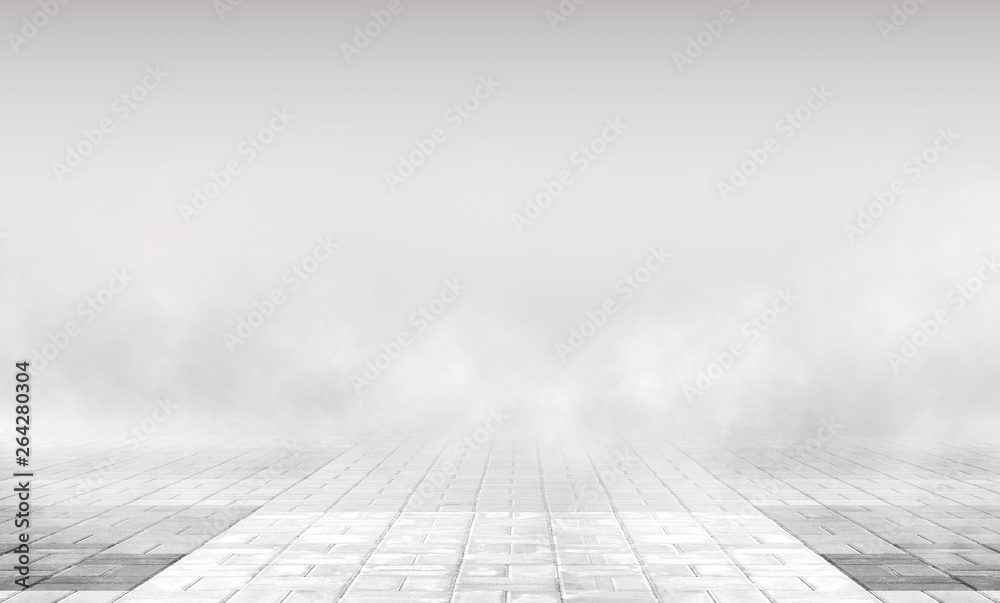 Aufkleber Empty background scene. Empty street background with concrete floor, neon lights and smoke. Gray abstract empty background