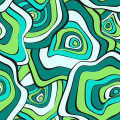 Fototapeta na wymiar Hand Drawn Wavy Circles. Abstract Seamless Background in Ethnic Style. Vector Psychedelic Pattern with Deformed Rounds. Wave Seamless Pattern for Fabric, Textile, Cloth Design. Distortion, Spots.